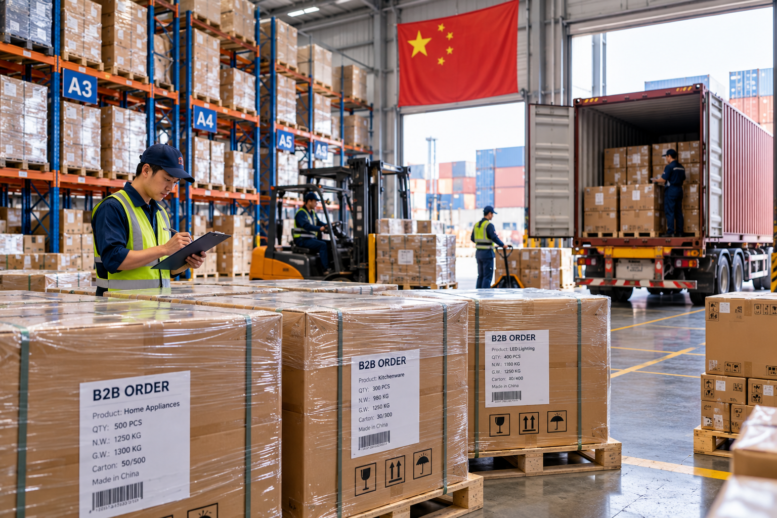 Warehouse with packaged products prepared for international B2B orders