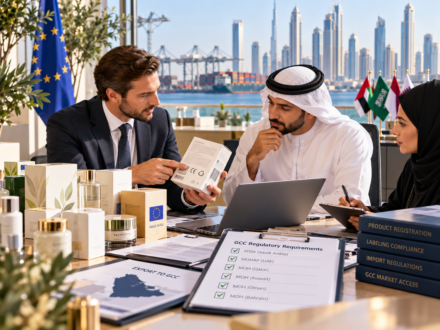 European product packaging being reviewed for Gulf regulatory compliance