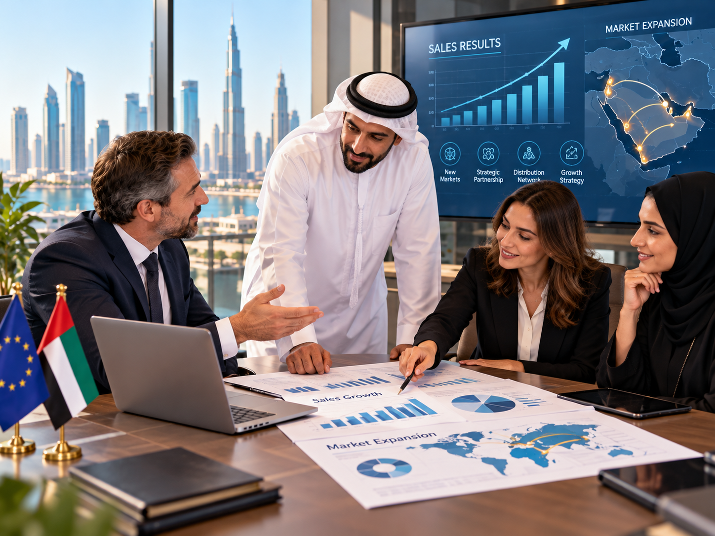 [Suggested Image: International partners reviewing sales results and planning market expansion]
