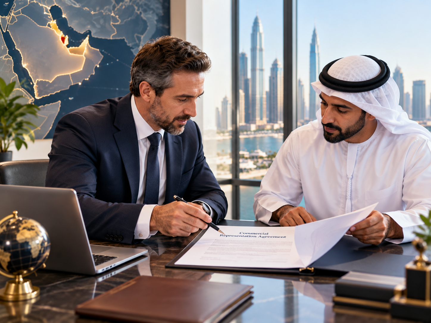 Business partners reviewing a commercial representation agreement