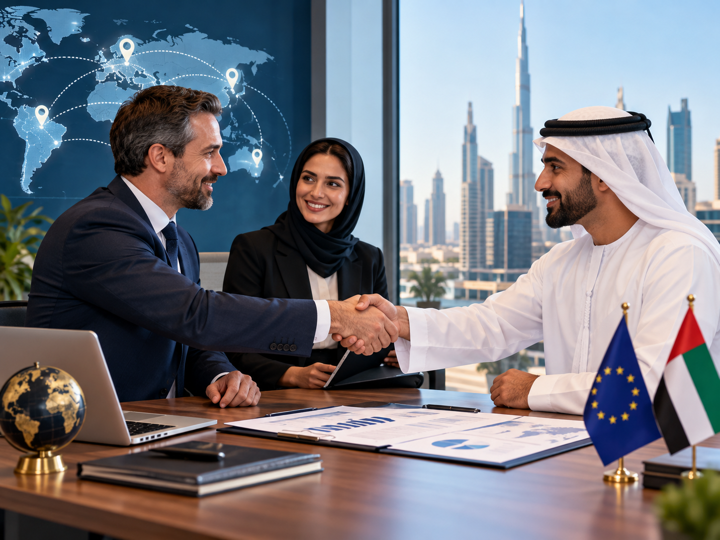International business professionals meeting to discuss market representation