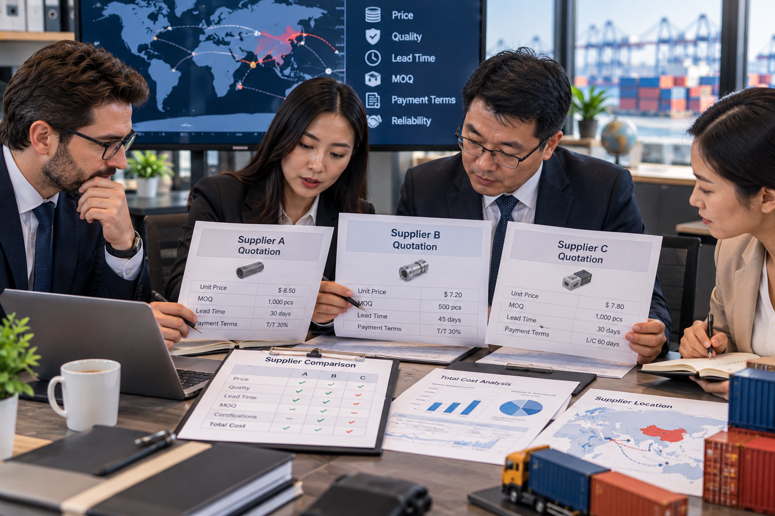 Business professionals comparing international supplier quotations