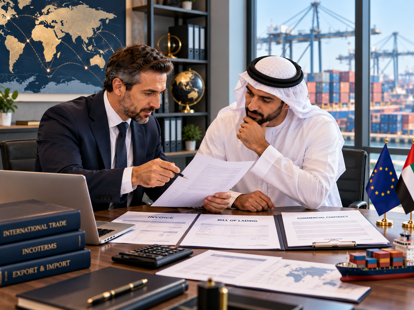 International trade professionals reviewing invoices, shipping documents, and a commercial contract in an office