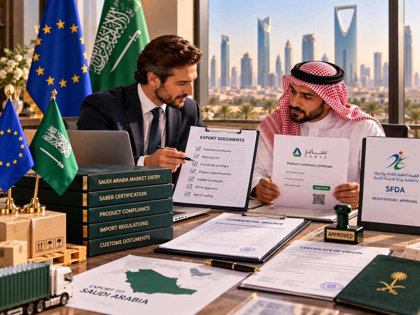 Product compliance documents and export paperwork prepared for Saudi Arabia