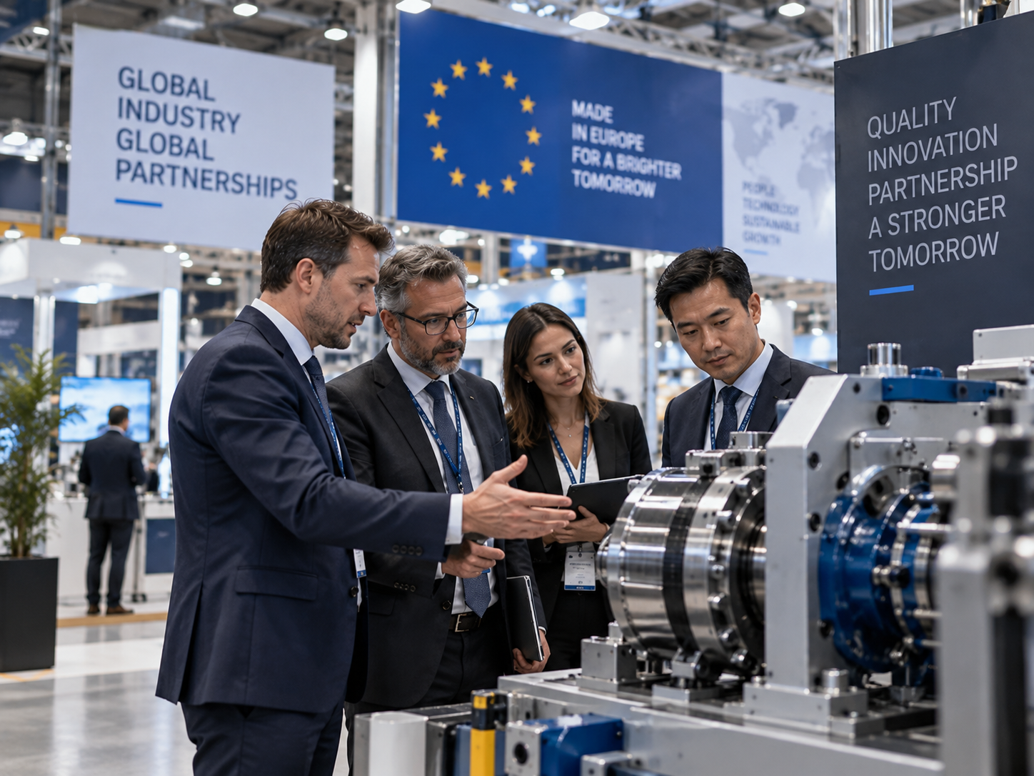 International business partners inspecting industrial equipment together