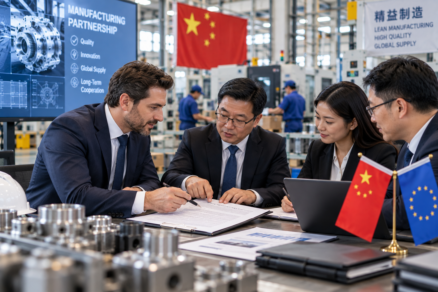 International business partners reviewing a manufacturing contract