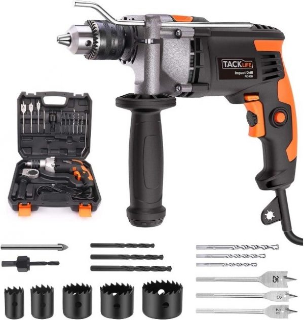 Hammer Drill, TACKLIFE 7.1-Amp 3000RPM, 48000BPM Corded Drill with 15 Drill Bits Set